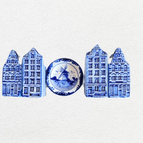 Vintage Delft Windmill Miniature Plate 3" Holland W7 2 sets S&P shakers - Picture 2 of 14